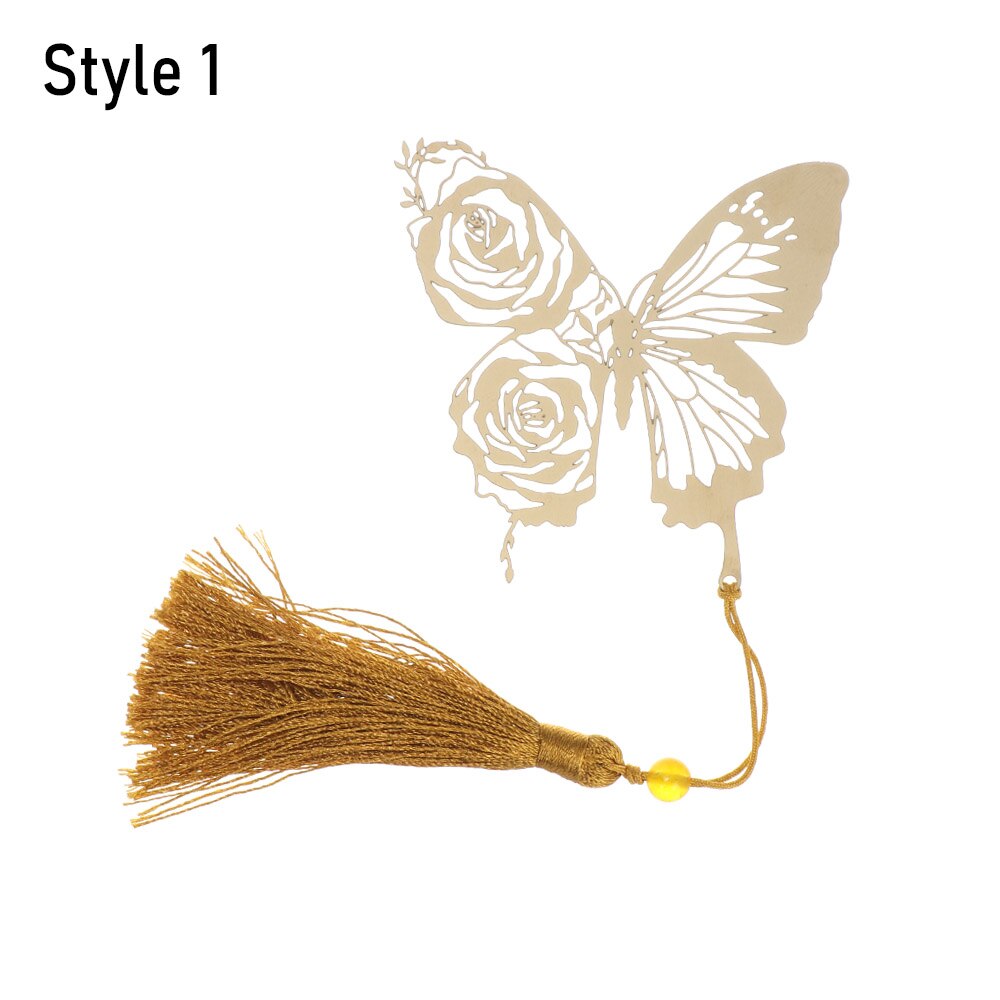 1PC Retro Brass Bookmark Tassel Pendant Butterfly Rose Book Clip Pagination Mark Stationery Student Cartoon Metal Bookmark: Style 1