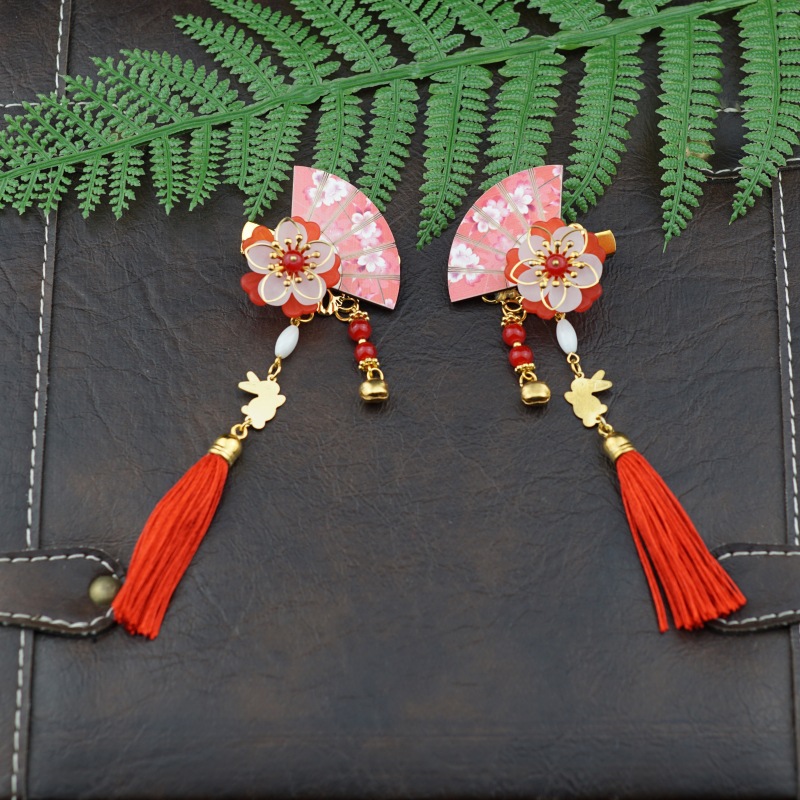 1 Pair Chinese Style Girls Handmade Fan-shaped Hair Clips With Tassels Kids Hair Accessories
