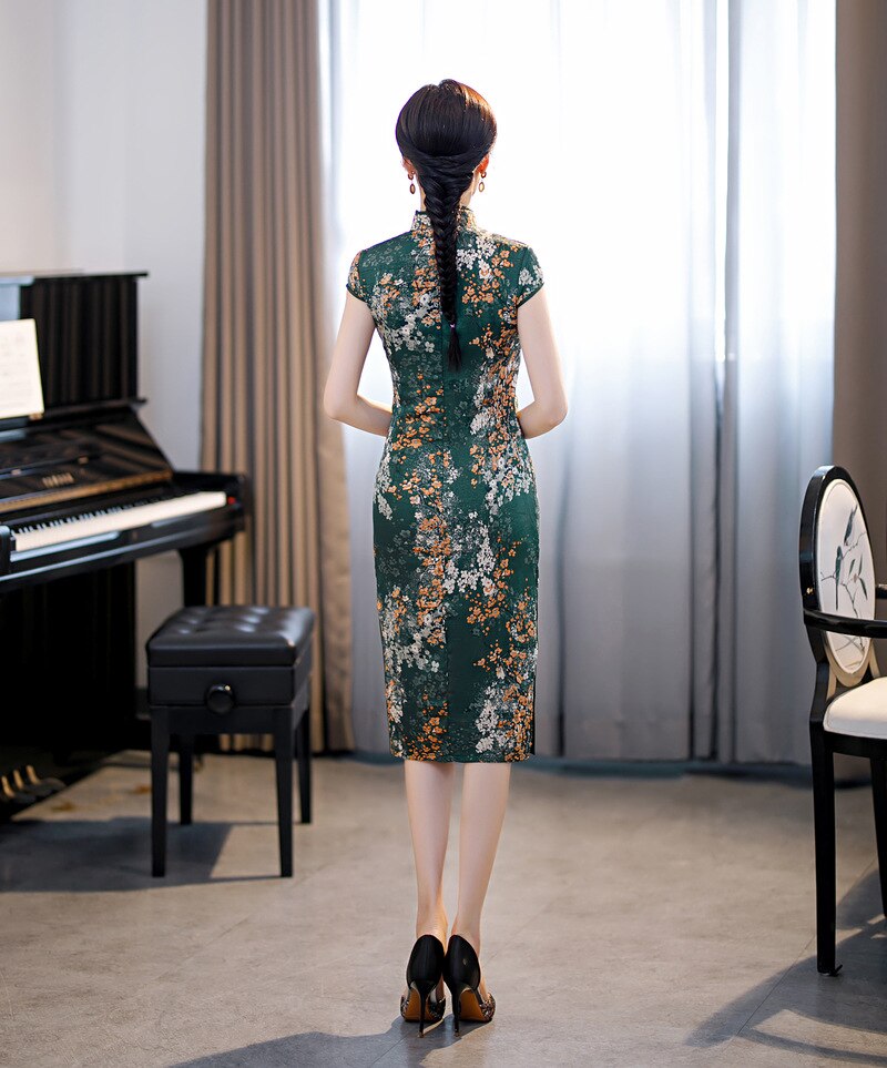 Cheongsam Kostuum Korte Mouw Zijsplit Bloemenprint Mandarijn Kraag Vintage Chinese Avond Mini Bodycon Cocktail Outfit (146-4-Zwart, M