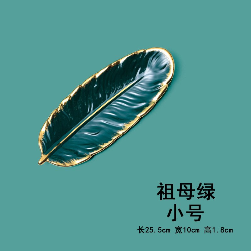 Nordic Light Luxury Gilt Edging Porcelain Dessert Plate Dark Green Feather Plate Japanese Banana Leaf Fruit Plate Dried Fruit: Dark Gray