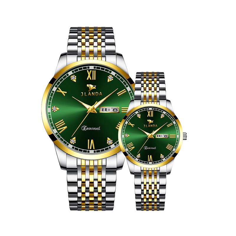 Reloj de lujo para parejas, relojes de pulsera de cuarzo dorados de , de acero inoxidable, analógicos, para mujeres y hombres: Green Gold