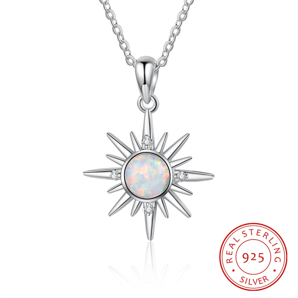 Luxus 925 Sterling Silber Sonne Anhänger Halskette Weiß Feuer Opal Halskette mit Zirkon Frauen Halsketten Schmuck (Lam Hub Fong)