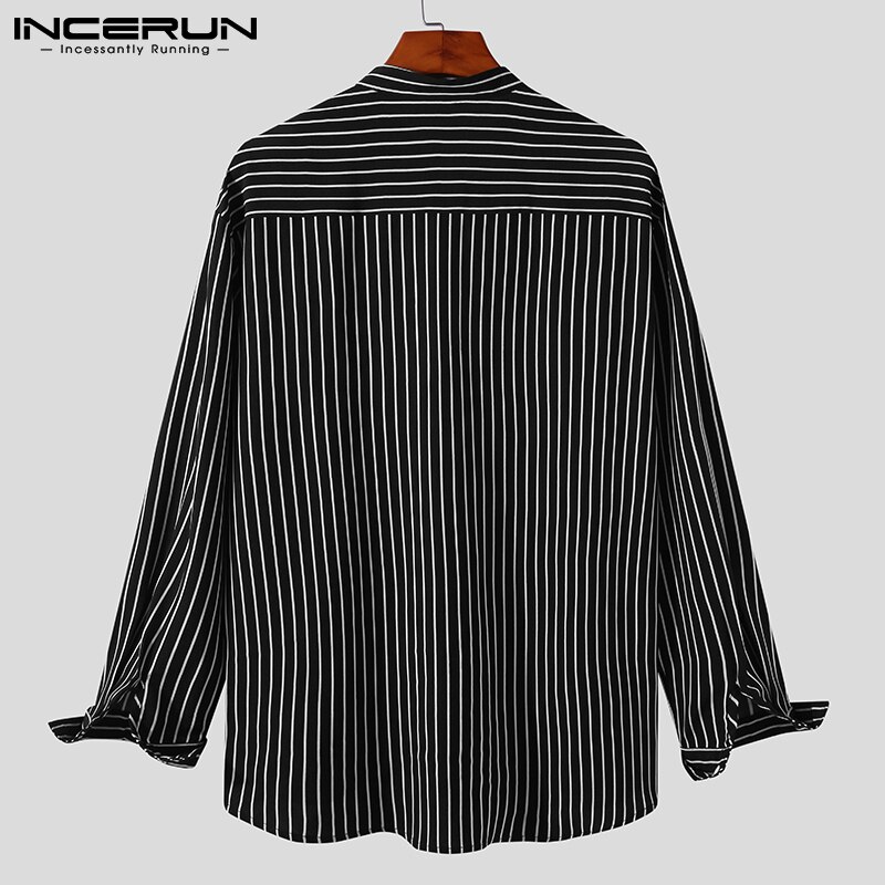 Men Striped Shirt Stand Collar Long Sleeve Casual Camisa Masculina Streetwear Button Loose Leisure Tops S-5XL INCERUN