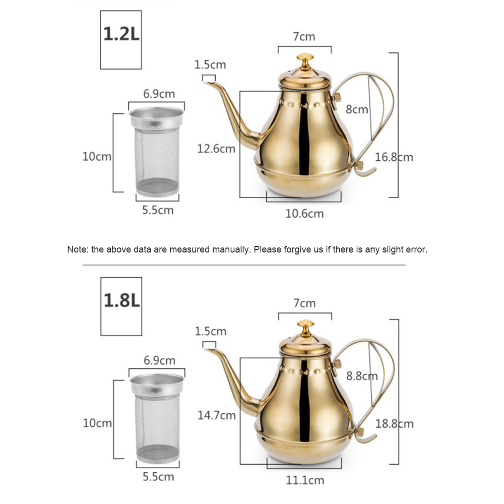 1.2/1.8l rustfritt stål langmunn tekanne kaffekanne vannkoker med tebladinfuser filter kaffetrakter stor kapasitet tekanne
