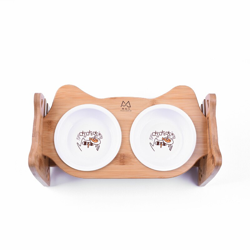 Wooden Pet dining table Double Bowls Cat Tilted Feeders Kitten Dishes with Slope Bamboo Rack Puppy Drink Feeding Bowl HW035: 14
