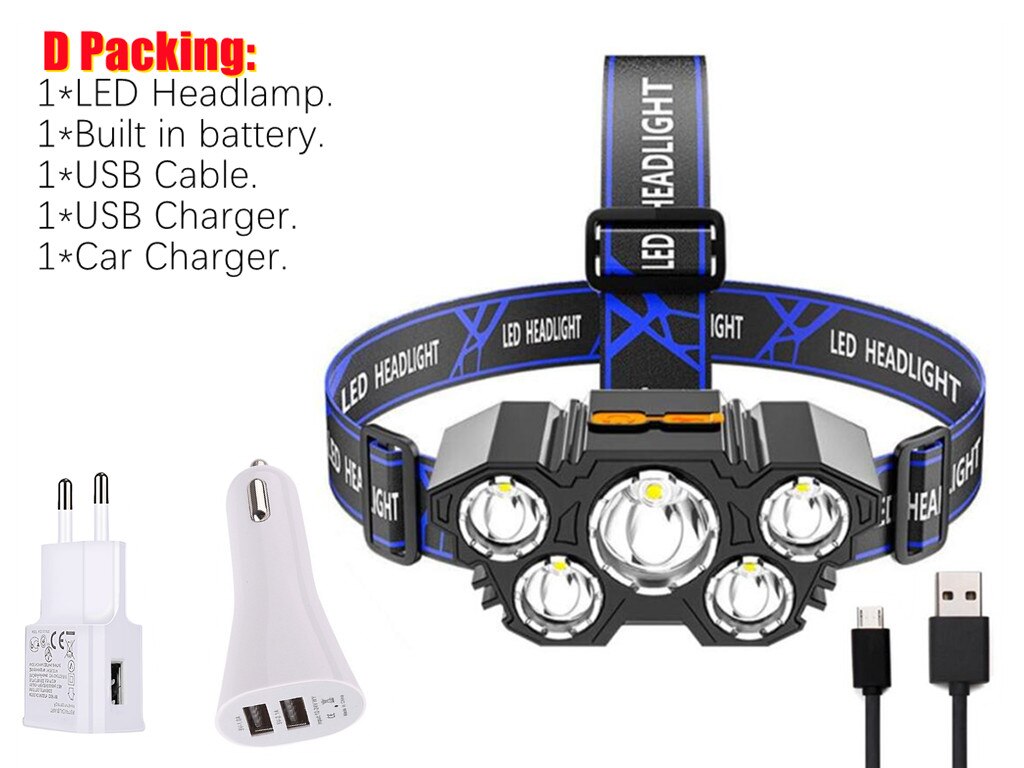 5 ledet med innebygd -i 18650 batteri usb oppladbar bærbar lommelykt lanterne hodelykt utendørs camping hodelykt: D pakking