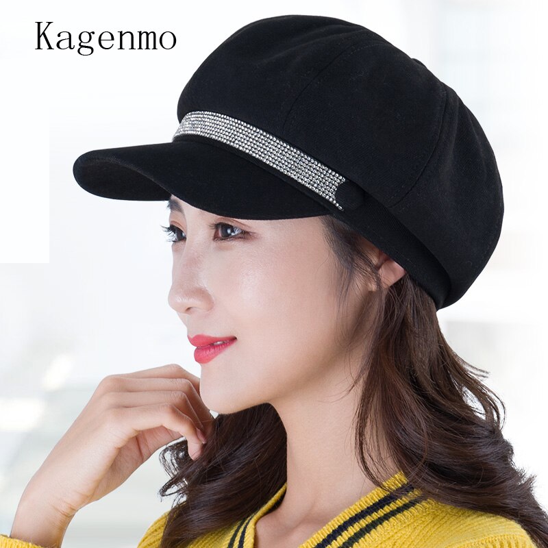 Kagenmo-boina de ala corta brillante para mujer, gorro octogonal ajustable, accesorios sencillos que combinan con todo, para otoño e invierno, novedad