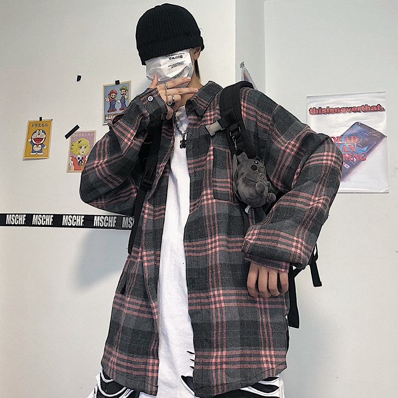 Koreansk stil plaid skjorte ulzzang hip hop langærmet tøj kpop oversize toppe harajuku herre afslappede skjorter mand