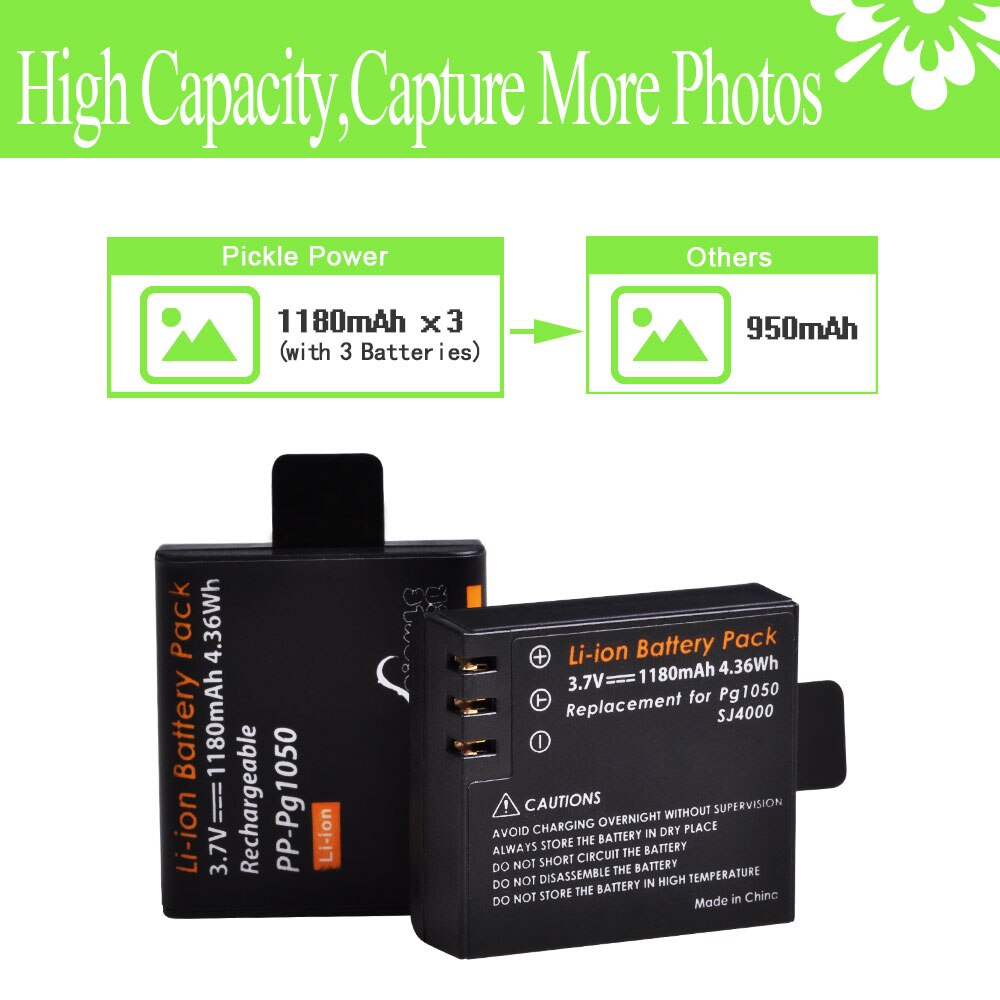 3Pcs PG1050 Actie Camera Batterij + 3 Poorten Led Charger Voor Sjcam SJ4000 SJ5000X Eken H9 H9R H8R H8