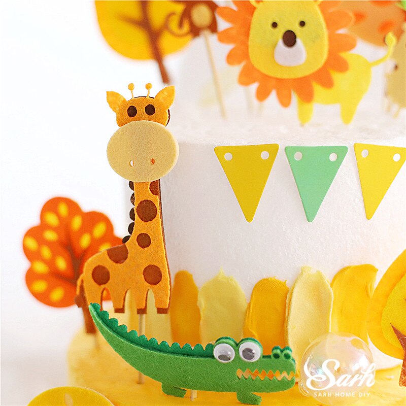 Voelde Dieren Aap Leeuw Giraffe Uil Cake Topper Voor Verjaardagsfeestje Decoraties Bakken Levert Baby Shower Kid Liefde
