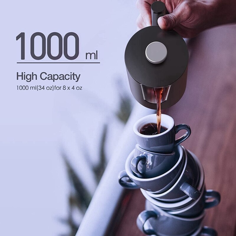 8 Cup/1 Litre French Press Coffee Maker, Double Walled Insulated Coffee Press With 304 Grade Stainless Steel