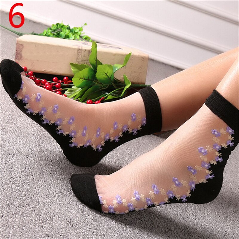 1Pair Women Soft Sheer Silk Cotton Elastic Mesh Knit Transparent Flower Lace Ankle Sock