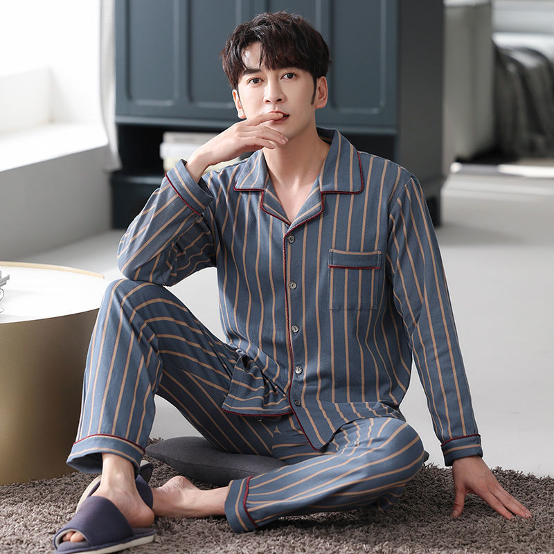 Bomuld herre efterår og vinter langærmet lange bukser midaldrende tynd del af pyjamas nattøj hjemmetøj jakkesæt loungewear