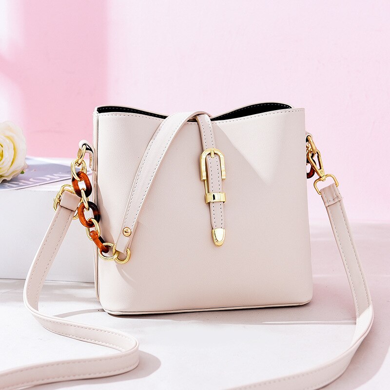 Bucket Shoulder Bag Women Chains Crossbody Bag Female Belt lock Messenger Bags Ladies PU Leather Handbag Women's Bag: Rice white