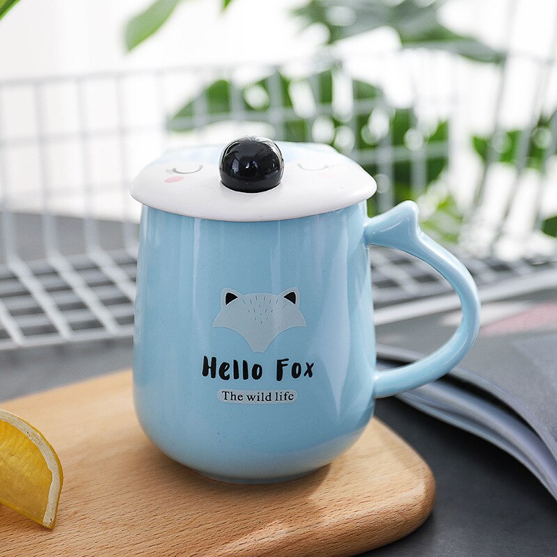 420ml Fox Shape Ceramic Mug Cartoon Animal Coffee Mugs with Lid Spoon Tumbler Cup Novelty for Christmas: Blue