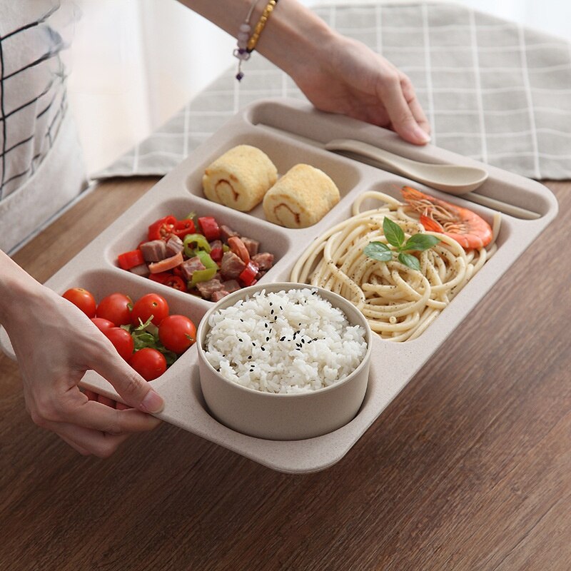 Assiette incassable en plastique, paille de blé, compartiment en plastique, cantine ménage, service de couverts, accessoires de cuisine, service de vaisselle