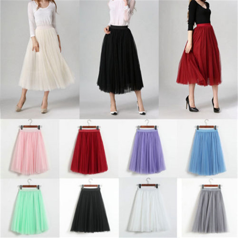 Faldas de tul para mujer negro gris blanco adulto tul malla falda elástica de cintura alta Falda Midi plisada Jupe Mujer