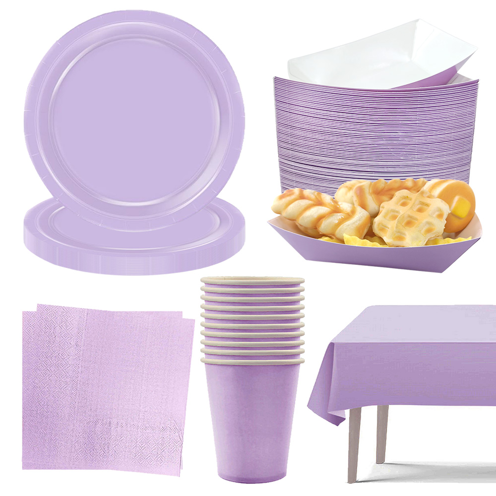 Ensfarget engangsservise papirtallerkener kopper servietter duk matbrett bursdagsfest babyshower dekorasjonsartikler