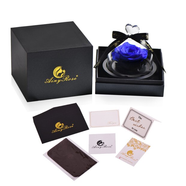 AINYROSE fleur de Rose artificielle en dôme de verre avec lumière LED boîte lampe de nuit Rose éternelle d'anniversaire de mariage pour fille: Blue with gift box