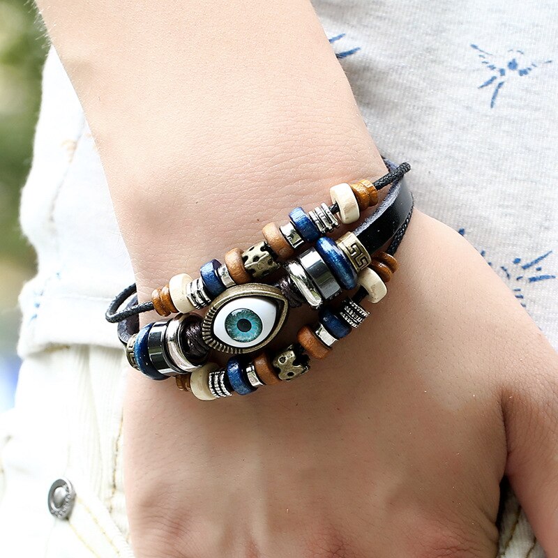 Neue Bohemien Magische Auge mehrschichtig Leder Armbinde Auge Fisch Perlen Armbinde männer retro Punk wickeln Armbinde Schmuck