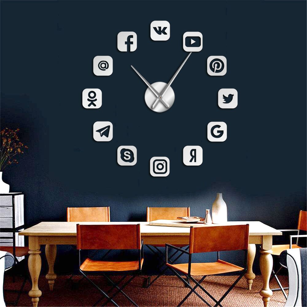 Social Media Symbols DIY Wall Art Giant Wall Clock Office College Dorm Decor 3D Frameless Icons Wall Clock for Teenagers