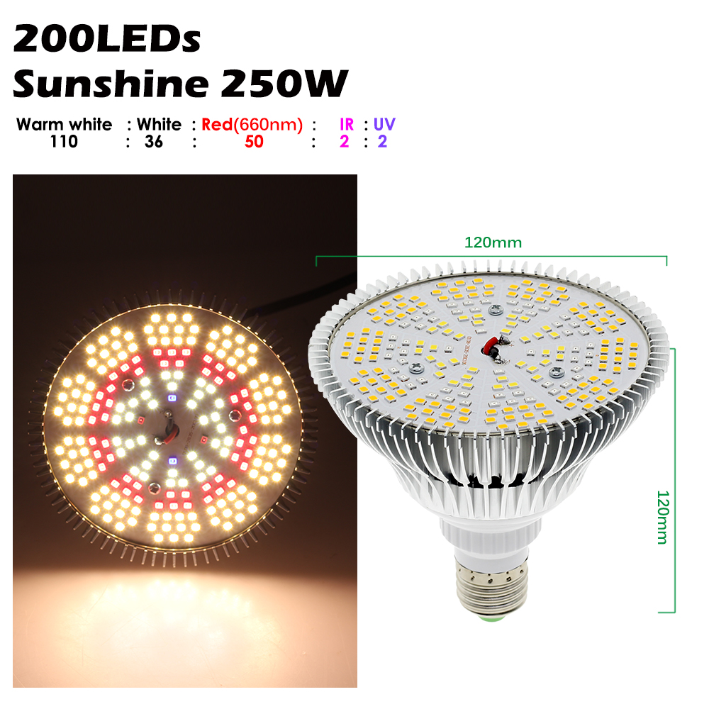 Phyto-lampe LED pour culture hydroponique de légumes, E27, 250W, éclairage à spectre complet pour plantes à floraison, SMD2835: Sunshine 250W