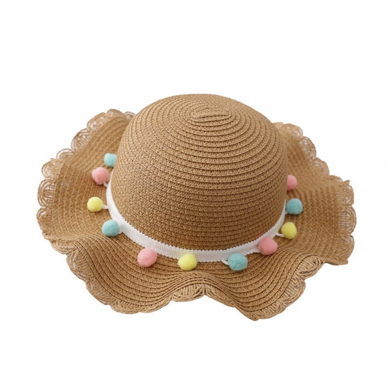 Gorro de paja tejida con ala ancha para niños y niñas, gorro de playa con pompón colorido, cubo flexible, bolso portátil: BB7314KK1