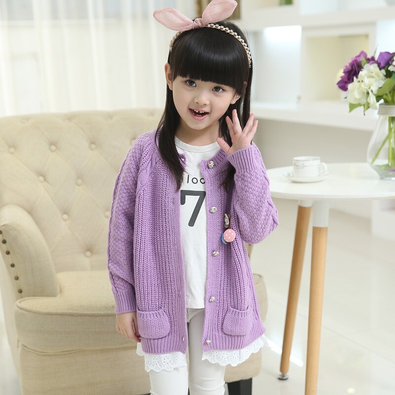 Plain Color Girls Knitted Cardigan Sweater Soft Children Clothing Outerwear Spring Kids Jacket Button Sweater Coat For Girls: purple / 140-Height 130-140cm