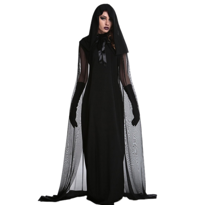 Femme Halloween sorcière grande taille robe longue Costume automne hiver robes noires avec chapeau et gants 1 set Vcqy: M
