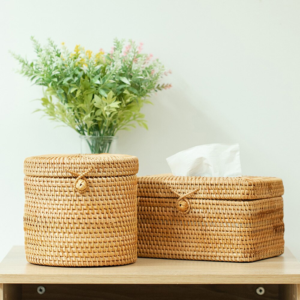 Handmade Rattan Tissue Box Home Drawer Box Vine Roll Holder Toilet Paper Cover Dispenser Desk Storage Box Tissue Case Organizer