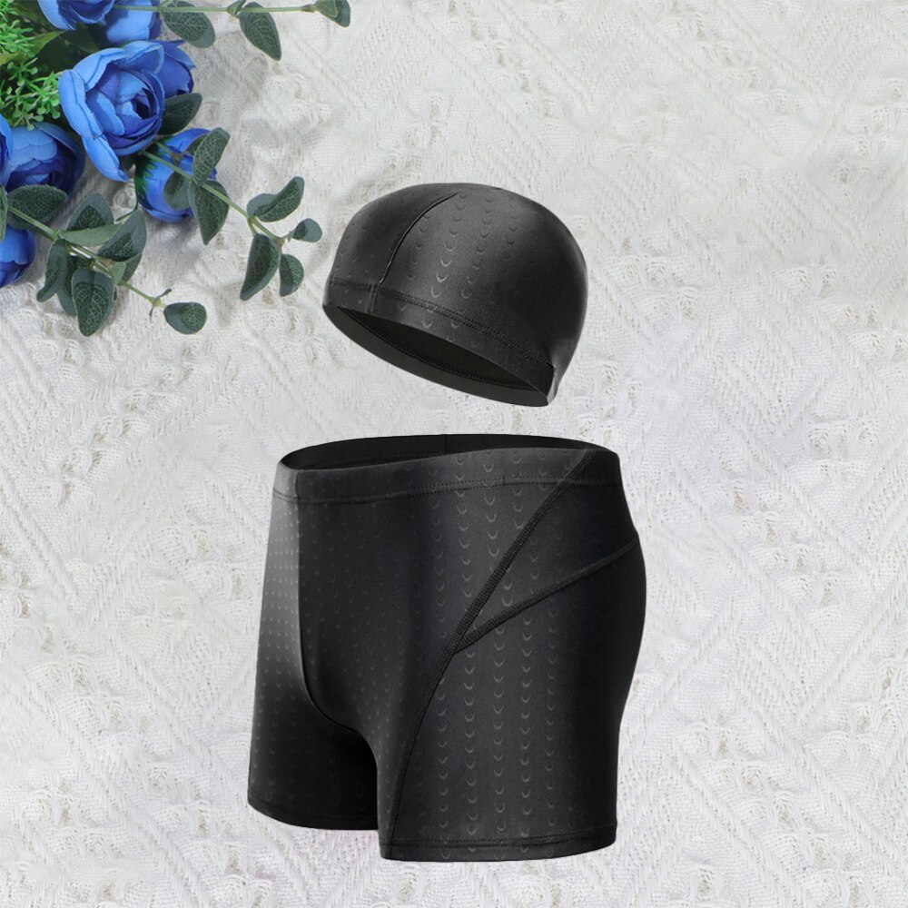 Erwachsene Männer Große Größe Wasserdichte Schwimmen Kostüm Hohe Elastische Badehose und Schwimmen Kappe einstellen (Schwarz, Größe): XXXL