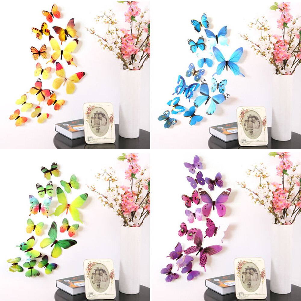 12 stk 3d gør-det-selv sommerfugle-regnbue-mærkat wallstickers hjem stue dekorationer fest bryllup indretning
