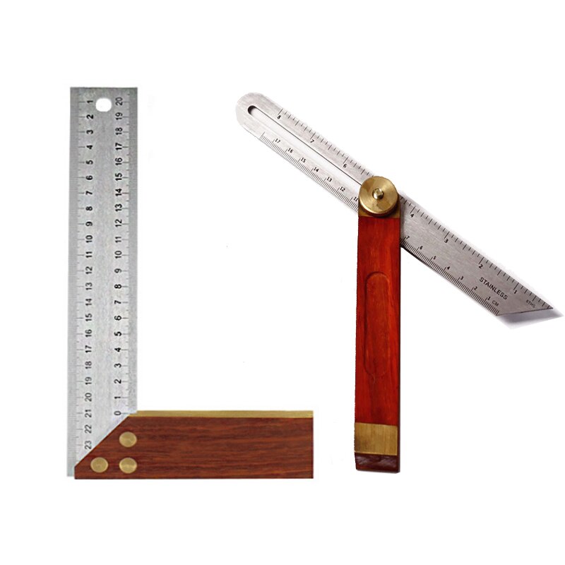 2 in 1 Angle Rulers Gauges 8" Tri Square 9" Sliding T-Bevel With Wooden Handle Level Measuring Tool