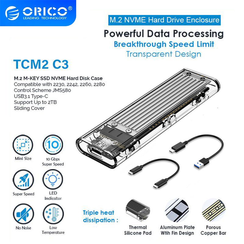ORICO – boîtier M.2 vers USB Type C, disque dur Transparent, adapté au NVME NGFF SATA M/B Key Ssd TCM2-C