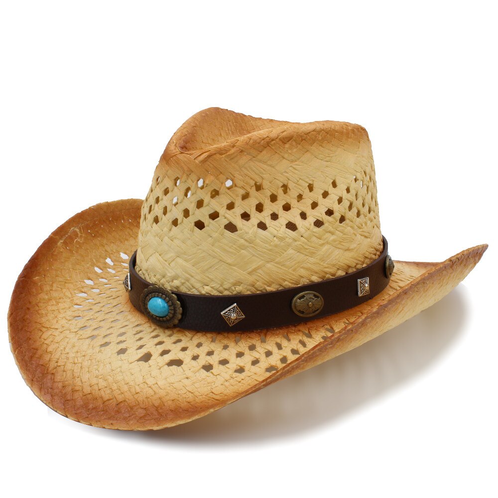 Frauen Männer Western Cowboy Hut WithLeather Punk Band Handgemachte Webart Sombrero Cowgirl Hut Größe 58 cm A0130