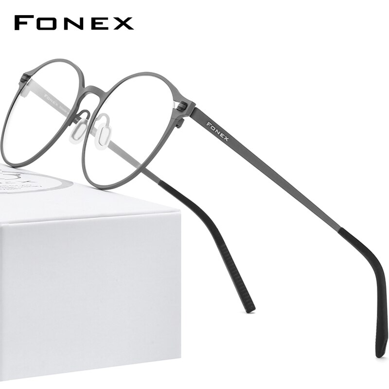 FONEX Pure Titanium Glasses Frame Women Retro Round Prescription Eyeglasses Men Antiskid Optical Screwless Eyewear 8530: Gray