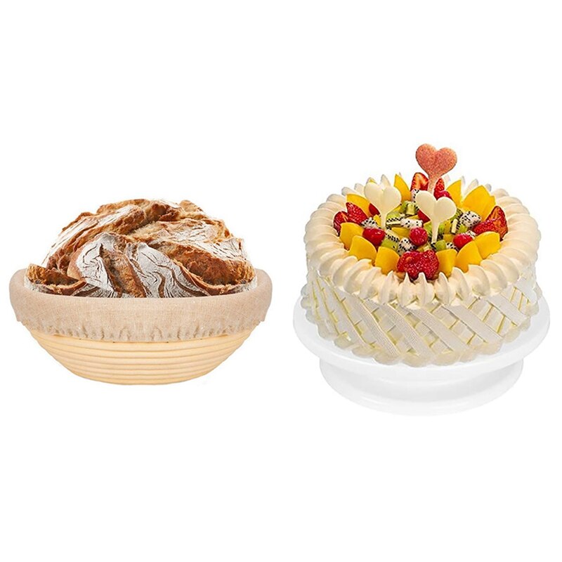 1 Set Banneton Proofing Basket Proofing Basket & 1 Set Rotating Cake Carousel Cake Stand Baking Supplies