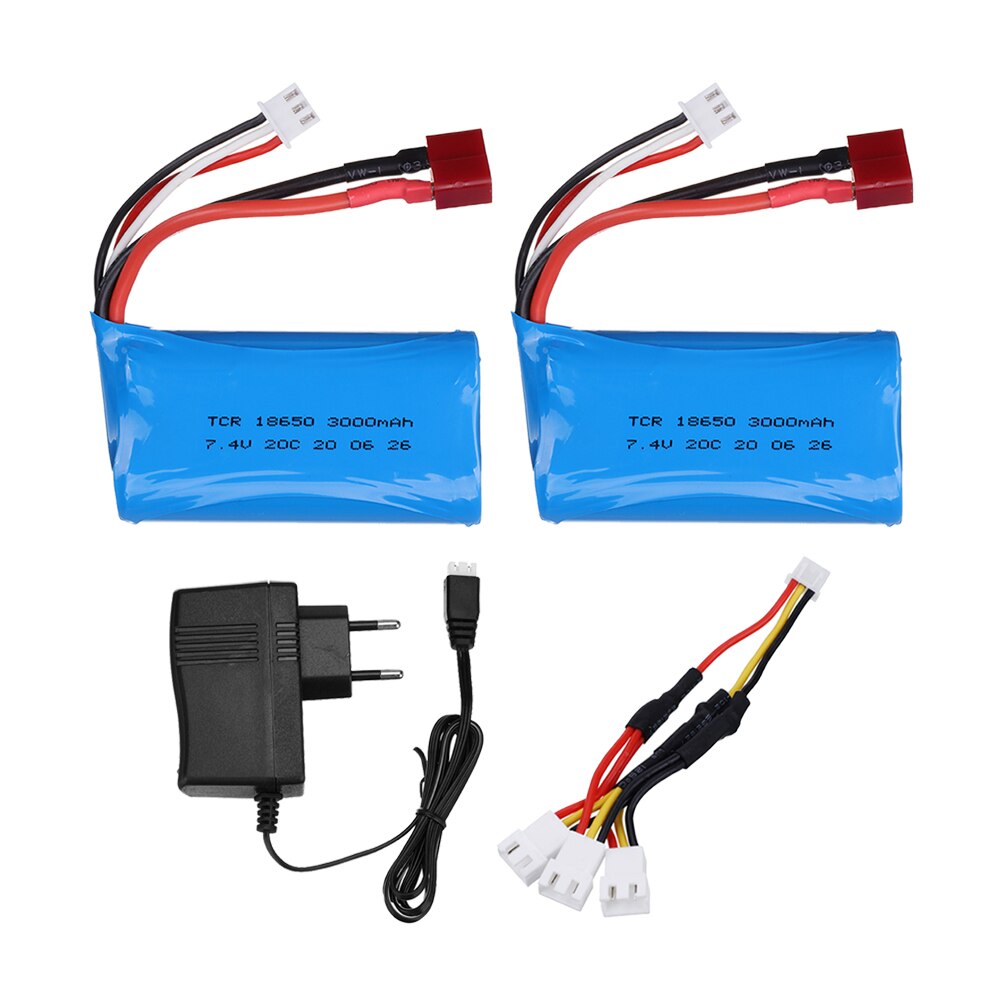 7.4V 3000MAH 18650 lipo Battery 20C 2S for Q46 Wltoys 10428 12428 12429 12423 FY-03 RC Car Parts charger 7.4 V 3000 MAH battery: 2pcs EU 3in1