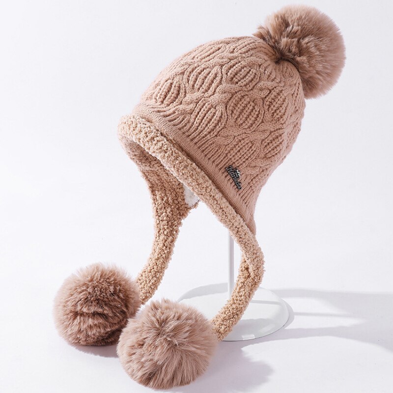 Bonnet épais et en polaire pour femme, bonnet tricoté, avec trois pompons, pour le Ski, idéal pour l'hiver, HT3797