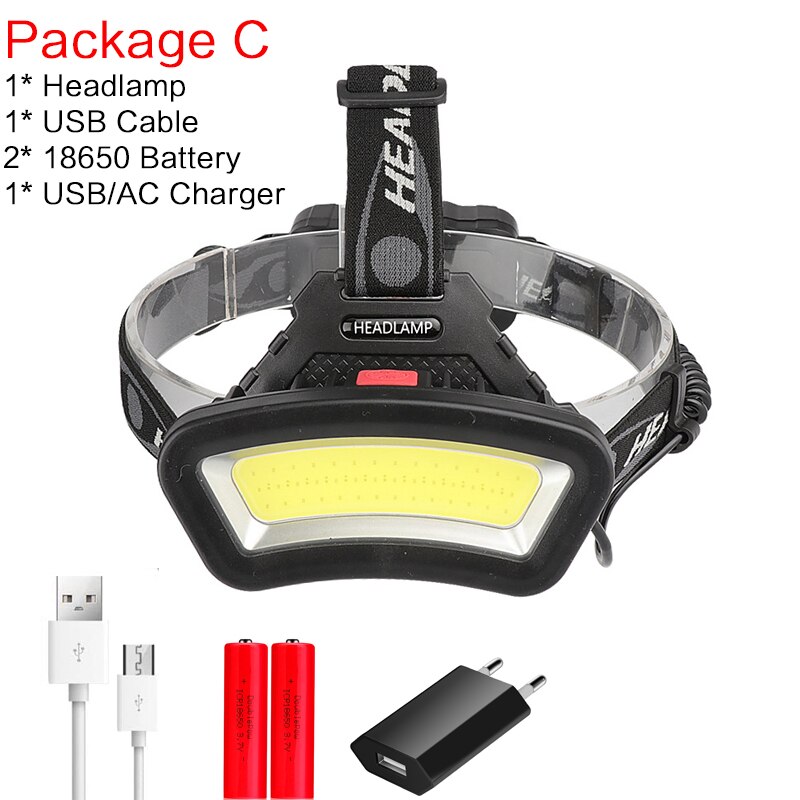 Rechargeable LED Headlight 200m Long Lighting Distance Headlamp Wide Angle COB Head Lamp light Lantern USB Use 2*18650: Package C