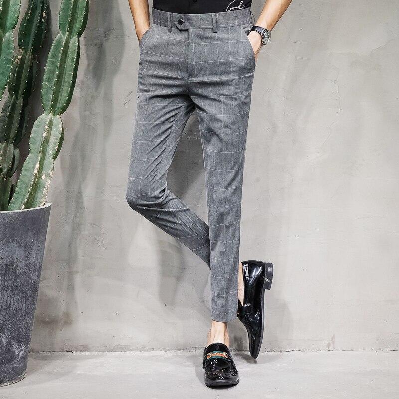 Pants Mens Plaid Checkered Pants Perfume Men Dress Pants Slim Fit Pantalon Hombre Vestir Summer Casual Mens Trousers Office: Gray / 32