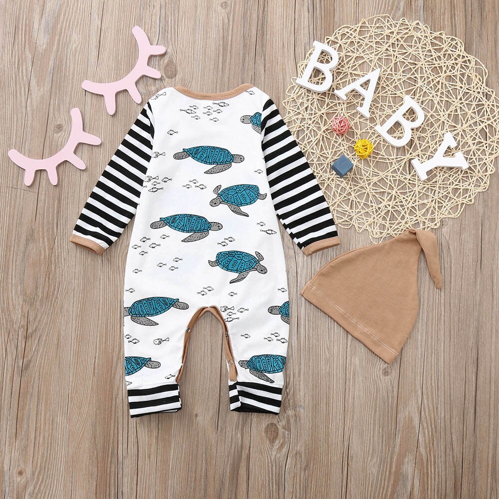 Macacão infantil do bebê recém-nascido menino menina tartaruga listrado macacão chapéu roupas definir newbornclothes bodysuit para recém-nascidos
