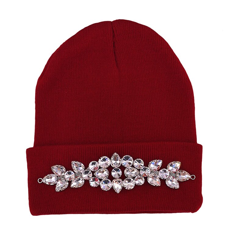 Vinter kvinder bomuld rhinestone beanies hatte damer elastiske strikkede beanies skullies hatte til femme varmt efterår motorhjelm ski caps: Rødvin