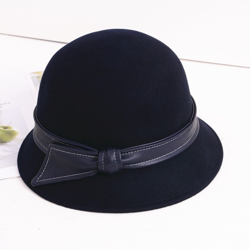 Winter Leather Ribbon 100% Wool Fedora Hats Woman Felt Bucket Hat 55-58cm: Navy