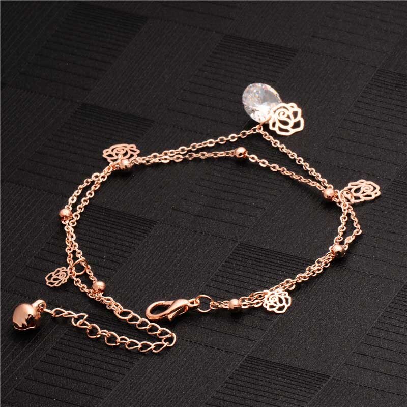 Misananryne Goud Kleur Double Layer Kristal Enkelbanden Hollow Rose Bloem Enkelband Vrouwen Strand Voet Sieraden