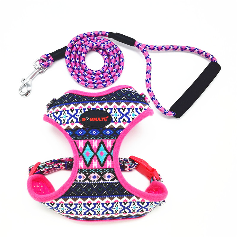 Hond Harnas Kleine Folk Stijl Zachte Canvas Pet Harness En Leash Set Ademend Verstelbare Puppy Harnas Vest Wandelen Leads Yorkie: pink / L 42-55cm chest