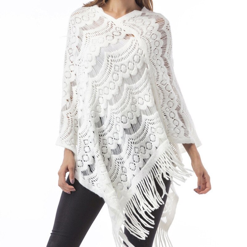 Women Hollow Out Crochet Sweater Cape Pullover Knit Shawl Scarf Tassel Poncho M89E: 6EE406938-W