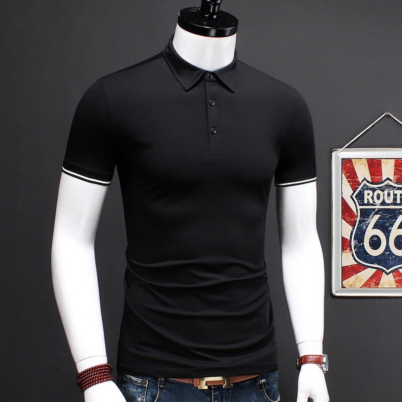 Casual Shirt Men Business Short Sleeve Black Slim Mercerized Cotton Modal Boss Polo Shirts Plus Size Clothing: L