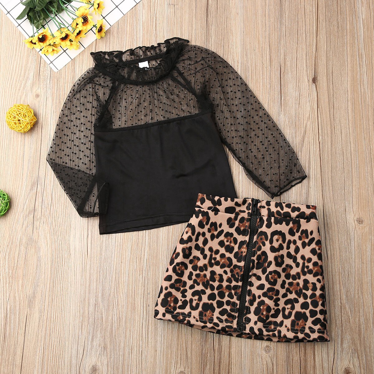 Toddler Kids Baby Girl Infant Clothes Long Sleeve Lace Patchwork T-shirt Tops Leopard Dress Outfit Set Autumn