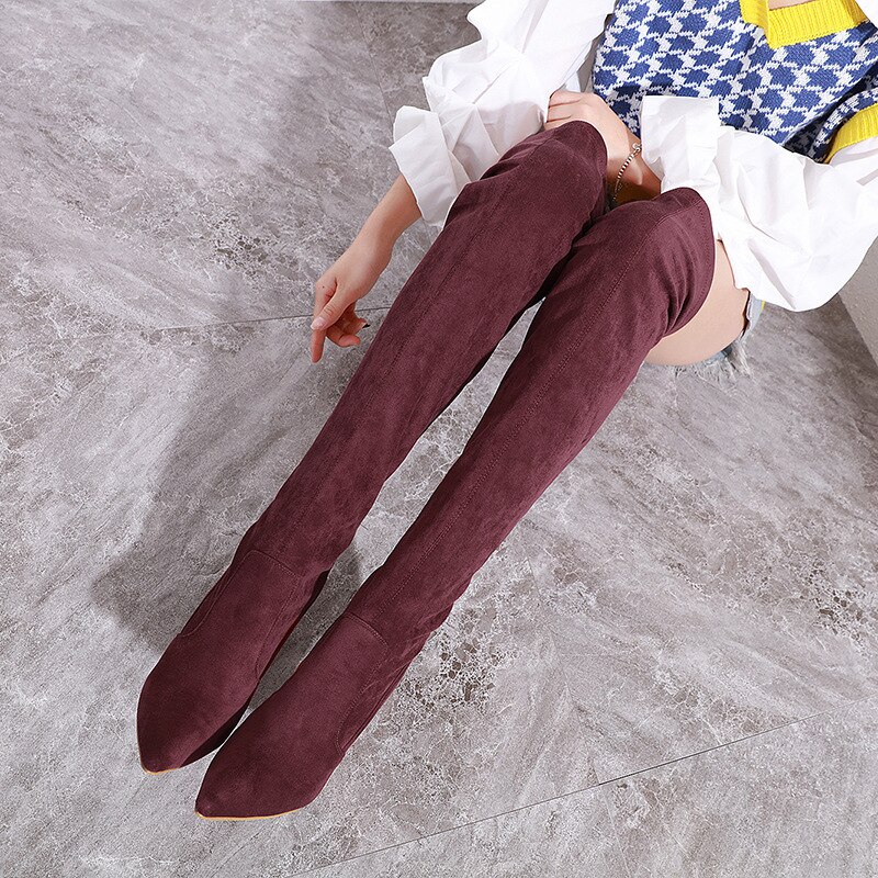 Kvinner støvler vinter over kneet boothigh grade semsket høy hæl slip-on sko spisse tå kvinne lange støvler высокие сапоги